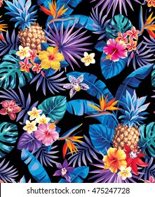 Seamless tropical pattern with pineapples, palm leaves and flowers. Vector illustration.