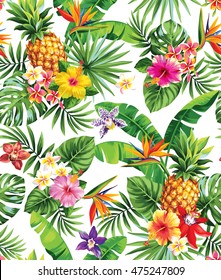 Padrão tropical sem costura com abacaxis, folhas de palmeira e flores. Ilustração vetorial.