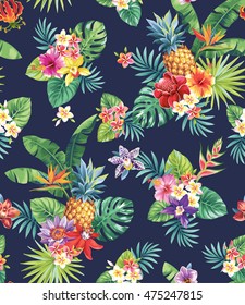 Seamless tropical pattern with pineapples, palm leaves and flowers. Vector illustration.
