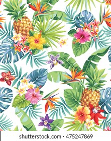 Seamless tropical pattern with pineapples, palm leaves and flowers. Vector illustration.