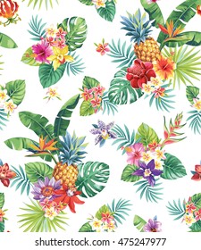 Seamless tropical pattern with pineapples, palm leaves and flowers. Vector illustration.