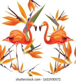 Seamless tropical pattern. Pink flamingo. Bird of paradise flower. Wallpaper, print, wrapping paper, promotional material, banner, poster, modern textile design. Vector illustration.