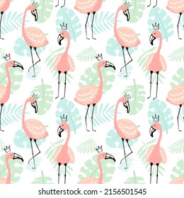 Seamless tropical pattern with pink flamingos, crown, leaves, monstera, palm leaf. Vector summer hand-drawn illustration of a flamingo for kids, textiles, background, clothes, nursery, birthday