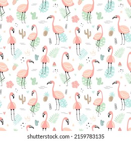 Seamless tropical pattern with pink flamingos and leaves, cacti, fruit, flowers. Vector summer hand-drawn illustration of a flamingo for kids, gifts, textiles, clothes, nursery, baby shower, birthday
