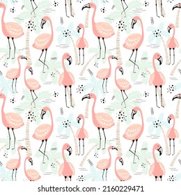 Patrón tropical sin foco con flamencos rosas sobre el fondo de la palma. Ilustración de un flamingo para niños, textiles, prendas de vestir, vivero, ducha para bebés, cumpleaños