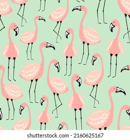 Seamless tropical pattern with pink flamingos on the green background. Vector summer hand-drawn illustration of a flamingo for kids, gifts, textiles, paper, clothes, nursery, baby shower, birthday