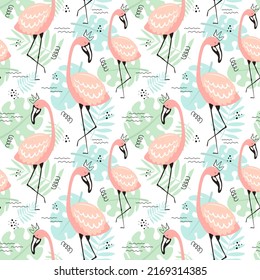 Seamless tropical pattern with pink flamingos, crown, leaves, monstera, palm leaf, dots. Vector summer hand-drawn illustration of a flamingo for kids, textiles, background, clothes, nursery, birthday