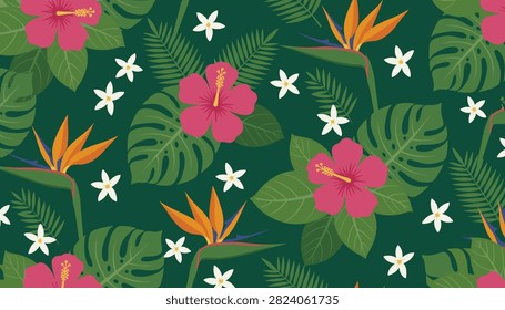 Seamless tropical pattern with pink hibiscus flowers, birds of paradise, and lush green monstera leaves.