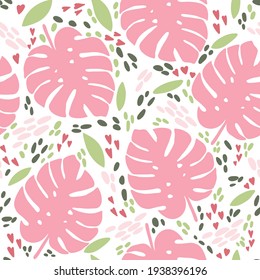 Seamless tropical pattern with pink monstera leaves on a white background.