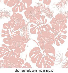 Seamless tropical pattern with pink monstera leaves and flowers on white background, vector illustration