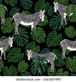 Seamless tropical pattern with plant leaves and zebra animals. Vector illustration, textile print. Modern design.