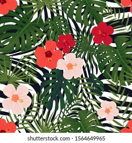 Seamless tropical pattern with plant leaves, bright flowers and zebra skin. Vector illustration, textile print. Modern design. 