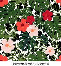 Seamless tropical pattern with plant leaves, bright flowers and leopard skin. Vector illustration, textile print. Modern design. 