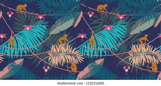 Seamless tropical pattern. Pattern with tropical plants and animals in cartoon style. 