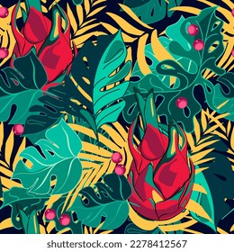 Patrón tropical sin foco con plantas e ilustraciones vectoriales de dragonfrutal 