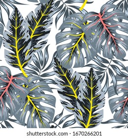 Seamless tropical pattern with plants and leaves on a white background. Creative abstract background. Exotic wallpaper, Hawaiian style. Jungle leaves. Botanical pattern. Leaves and hand drawn.