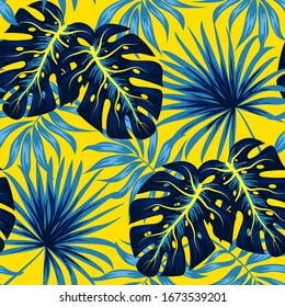 Nahtlose tropische Muster mit Pflanzen und Blättern auf gelbem Hintergrund. Kreativer abstrakter Hintergrund. Exotische Tapete, hawaiianischer Stil. Blumenmuster. Dschungelblätter.