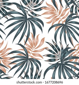 Seamless tropical pattern with plants and leaves on white background. Summer background with exotic leaves. Jungle leaves. Botanical pattern. Vector background for various surface.