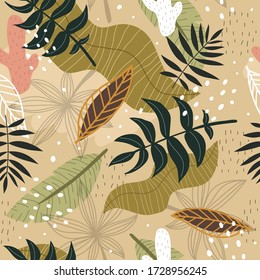 Seamless tropical pattern with plants, leaves, decorative elements on a neutral background. Colorful vector, flat style. Jungle summer design for fabric, print, textile, wrapper.