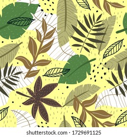 Seamless tropical pattern with plants, leaves, decorative elements on a neutral background. Colorful vector, flat style. Jungle summer design for fabric, print, textile, wrapper.