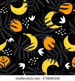 Seamless tropical pattern with plants, leaves, fruits, decorative elements on a neutral background. Colorful vector, flat style. Jungle summer design for fabric, print, textile, wrapper.