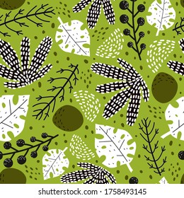 Seamless tropical pattern with plants, leaves, fruits, decorative elements on a neutral background. Colorful vector, flat style. Jungle summer design for fabric, print, textile, wrapper.
