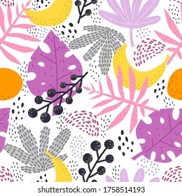 Seamless tropical pattern with plants, leaves, fruits, decorative elements. Colorful vector, flat style. Jungle summer design for fabric, print, textile, wrapper.