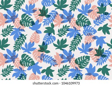 Seamless tropical pattern. Tropical plants and palm leaves in coral, teal and blue colors. Floral background. Fashion print for textile, fabric, covers, wallpapers, print, gift wrap Vector