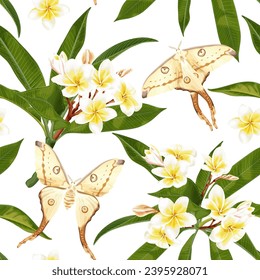 Seamless tropical pattern with plumeria flowers, frangipani and white butterfly, Luna moth. Stock vector illustration on a white background.