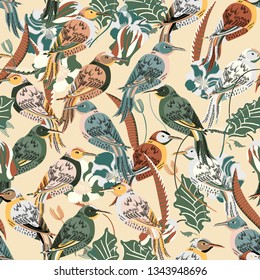 Seamless tropical pattern. Print with exotic birds. For decor of interior, womenswear. Yellow and beige colors. 