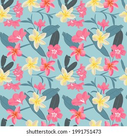 Seamless tropical pattern of purple oleander and plumeria flowers, green banana palm leaves.