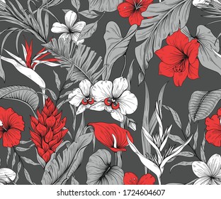Seamless tropical pattern with red flowers and palm leaves