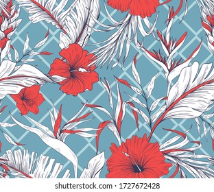 Seamless tropical pattern with red flowers and palm leaves
