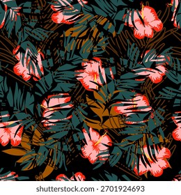 Nahtloses tropisches Muster mit roten Hibiskusblumen und Palmenblättern auf dunklem Hintergrund. Exotisches Sommer-Blumendesign, perfekt für Stoff, Modedrucke, Tapeten und Strandbekleidung.