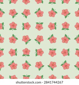 Seamless tropical pattern with red hibiscus flowers and green leaves on a light green background.
