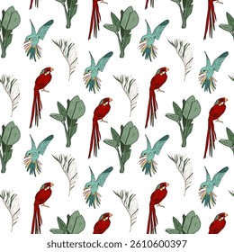 Seamless tropical pattern with red and turquoise parrots, green jungle leaves and feathers on white background in hand-drawn style