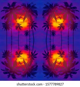 seamless tropical pattern with reflection realistic silhouettes palm trees against the backdrop of a bright tropical sunset or sunrise