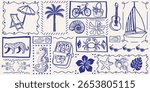 Seamless tropical pattern in retro cartoon style. Nautical and summer elements: palm trees, shells, fruits, sea creatures, beach icons.Graphic layout with Mediterranean holiday mood and coastal poster