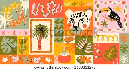 Seamless tropical pattern in retro cartoon style. Jungle elements: palm tree, leopard, snake, toucan, exotic leaves. Colorful graphic design with bold summer vibe in cartoon style