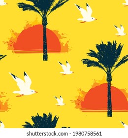 Seamless tropical pattern with seagulls, silhouettes of palm trees and red rising sun on a yellow backdrop. Cartoon vector background on theme of sea summer travel. Wallpaper, wrapping paper, fabric