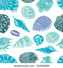 Seamless tropical pattern with seashells. Sea inhabitants. Endless texture can be used for printing onto fabric, pattern fills, surface textures and paper or invitation. Marine life.
