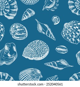 Seamless tropical pattern with shells on blue background. Sea inhabitants. Endless texture can be used for printing onto fabric, pattern fills, surface textures and paper or invitation. Marine life.