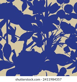 Seamless tropical pattern with silhouette leaves, flowers and plants. Seamless exotic pattern with tropical plants. Exotic wallpaper. Trendy summer Hawaii print.