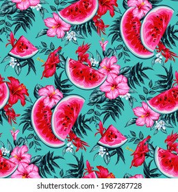 Seamless tropical pattern with slices of watermelon and flowers for summer fabrics