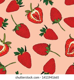 seamless tropical pattern with strawberry. Tasty fruit fresh black white sketch illustration - Vector