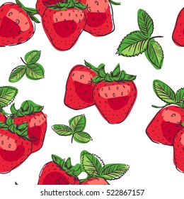 seamless tropical pattern with strawberry. Tasty fruit fresh color sketch illustration on white background