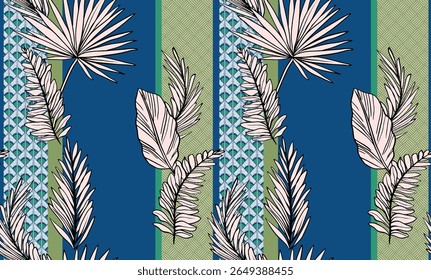Seamless tropical pattern with stripes. Leaves palm tree illustration. Modern graphics. Plumeria flowers, bird in paradise, hibiscus.
