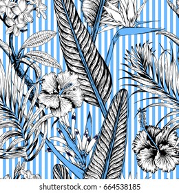 Seamless tropical pattern with stripes. Leaves palm tree illustration. Modern graphics. Plumeria flowers, bird in paradise, hibiscus.