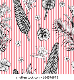 Seamless tropical pattern with stripes. Leaves palm tree illustration. Modern graphics. Plumeria flowers, bird in paradise, hibiscus.