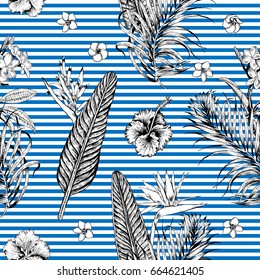 Seamless tropical pattern with stripes. Leaves palm tree illustration. Modern graphics. Plumeria flowers, bird in paradise, hibiscus.
